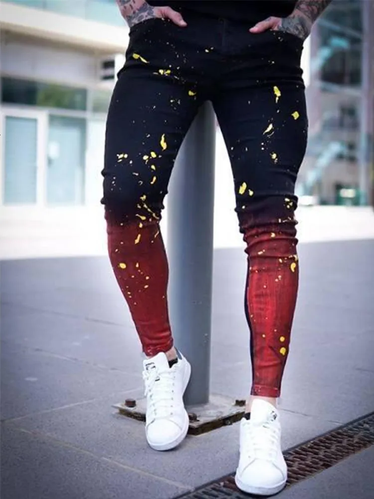 Gradient Hip Hop Jeans Men's Slim Fit Ripped Biker Denim, Black Red  Painted Design, High Street Fashion, Sizes S-3XL