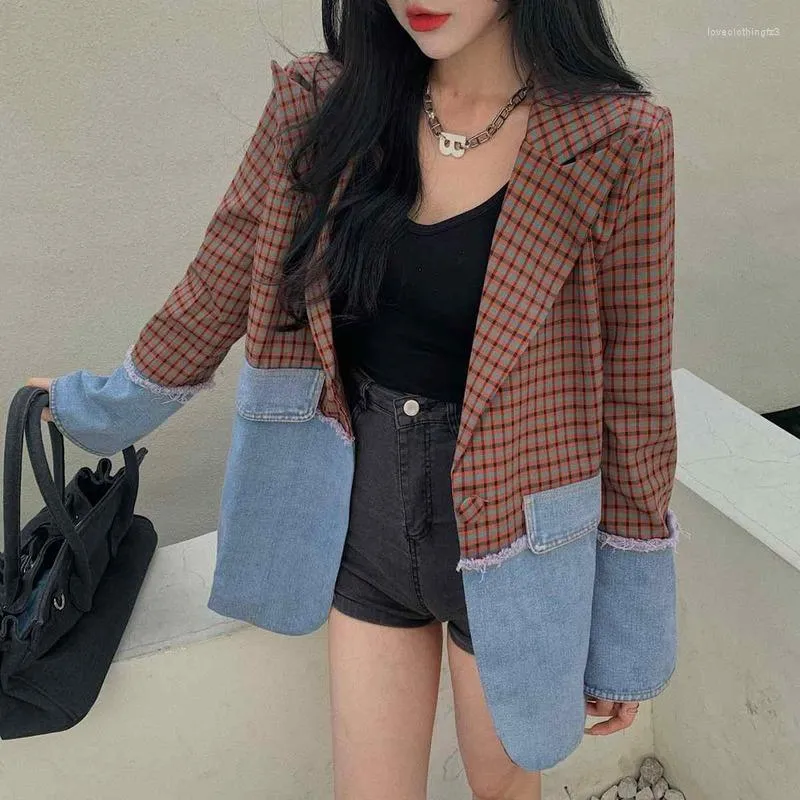 Kombinezony dla kobiet Blazers Patchwork Design Vintage Retro Single Button Long Sleeve Loss Casual Korean Style Chic Owewear Fashion Fashion Jacket
