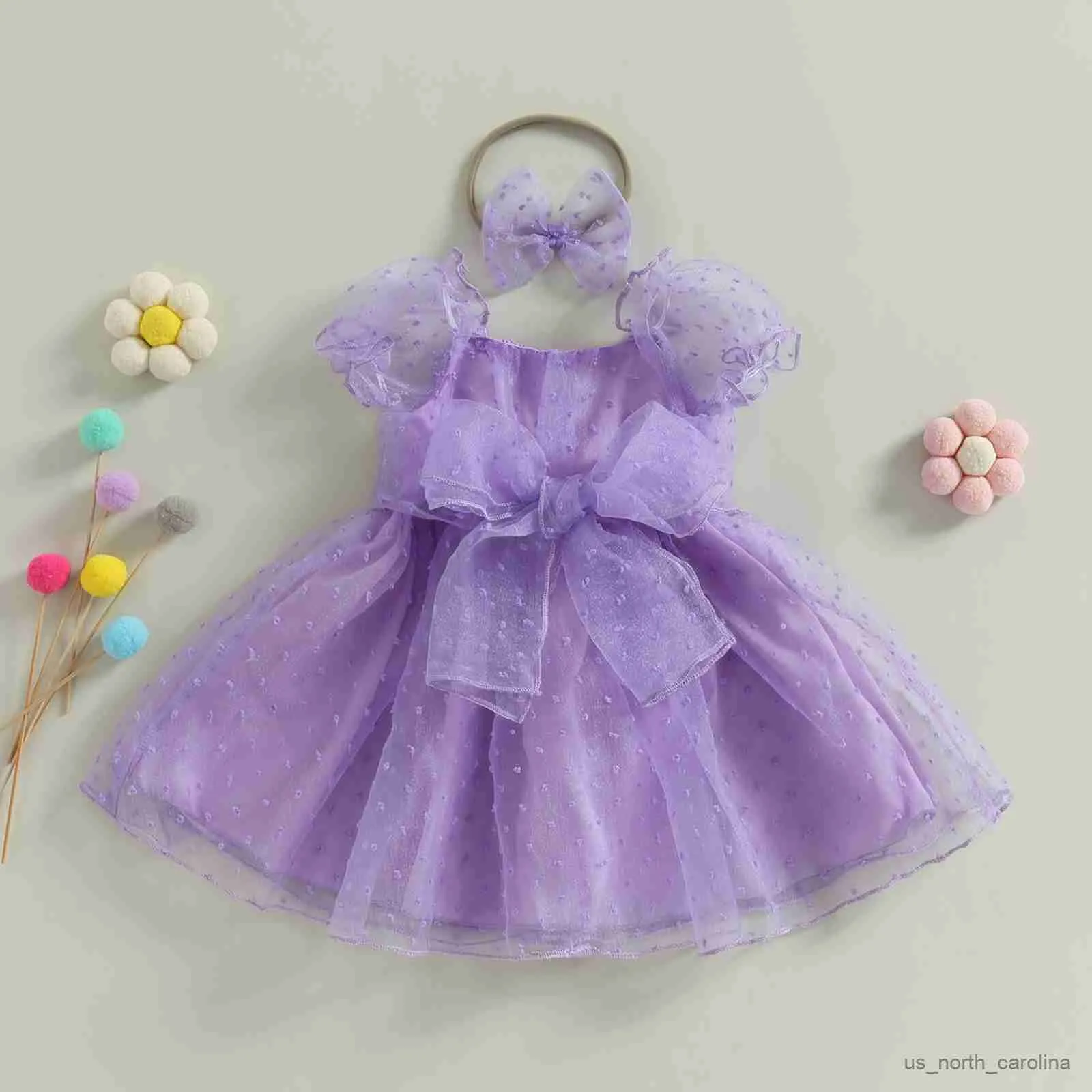 Mädchenkleider Kinder Mädchen Mädchen Prinzessin Kleid Punkt Puff Ärmeln Bowknot Blumenmädchenkleid geschichtete Mesh Tüll Festzug Partykleid mit Stirnband R230816