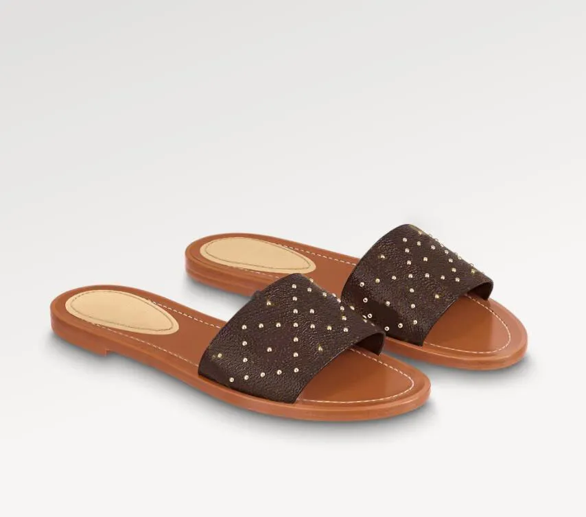 Luxury Signer lås den Flat Mule Women Slipper Sandal Brown Leather Star Summer Sandal Flats Flip Flop Outdoor Beach Casual tofflor med ruta 35-43