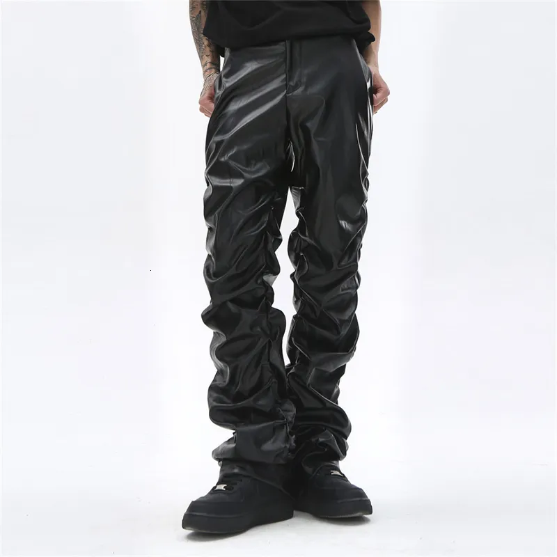 Men's Pants Hip Hop Pu Leather Men Vintage Pleated Harajuku Streetwear Loose Ruched Fashion Straight Black 230815
