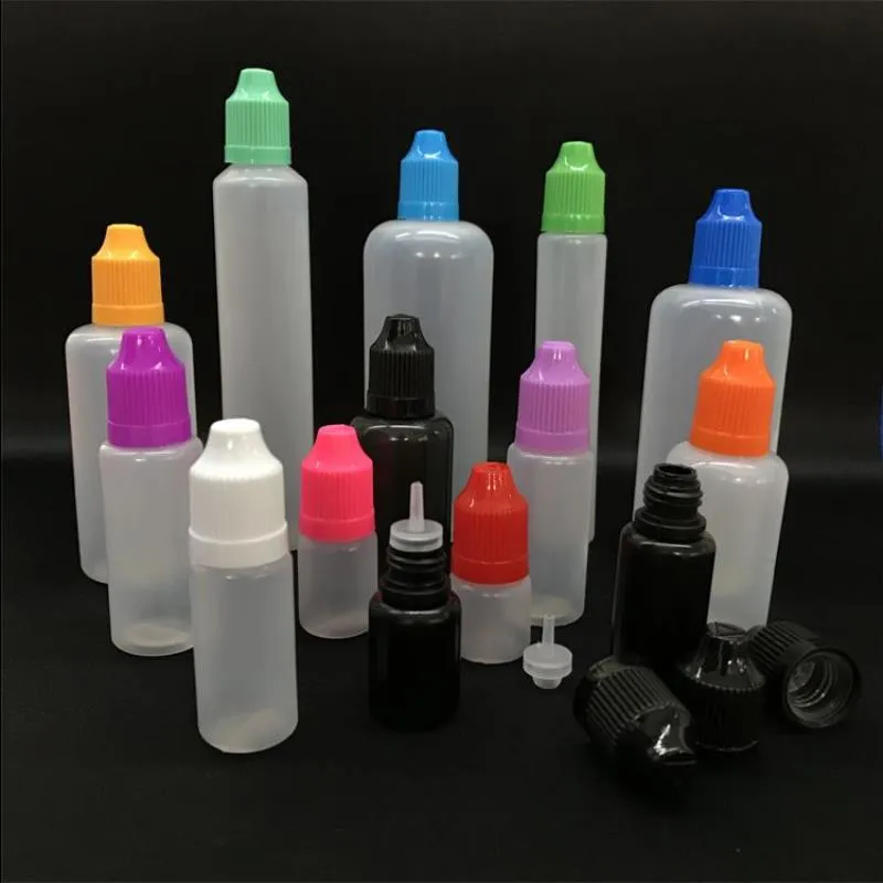 Färgglada PE -droppflaskor 3 ml 5 ml 10 ml 15 ml 20 ml 30 ml 50 ml nålspetsar med färg barnsäker mössa skarp droppspetsplast eliquid bo sivf