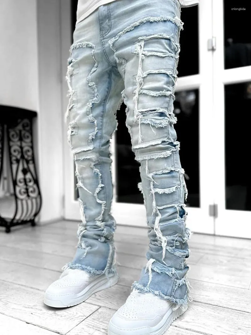 Mäns jeans 2023 Cool nödställda rippade smala fit stretch denim pants streetwear stil modekläder