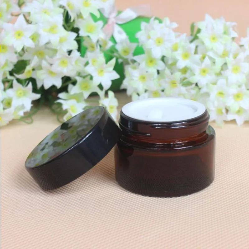 30ml Empty Refillable Brown Glass Cosmetic Face Cream Lip Balm Storage Jars Container Bottle Pot with Liners and Screw Black Lid Srjpr