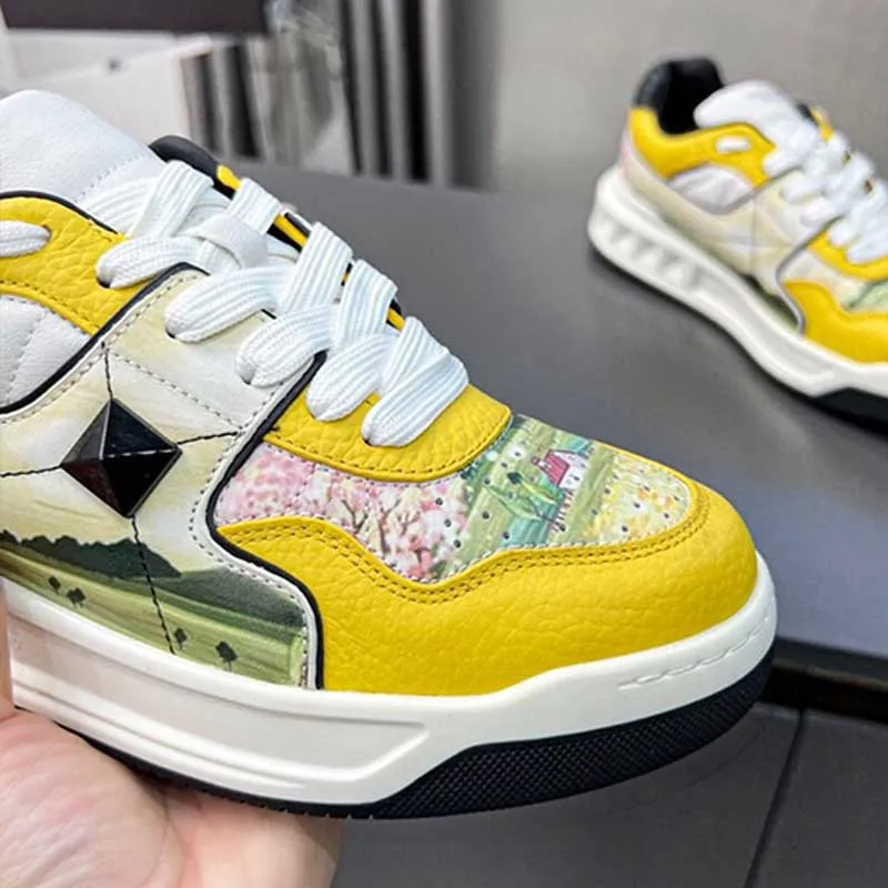 ONE STUD Leather Low Top Sports Shoes Womens Casual Shoes Yellow Field Printed Pattern Upper Low Relief Rubber Flat Sole Designer Mens Sports Shoes Size: 35-46