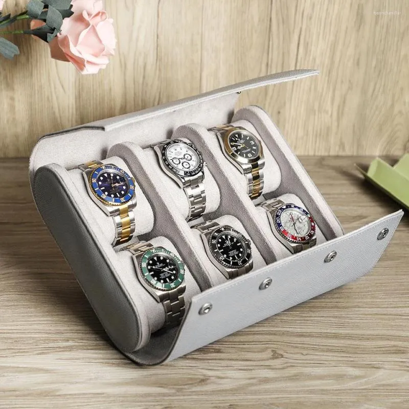 Bekijk dozen retro echt leer 6 roosters box display case horloges reisopslaghouder sieraden organisator voor mannen vrouwen geschenken