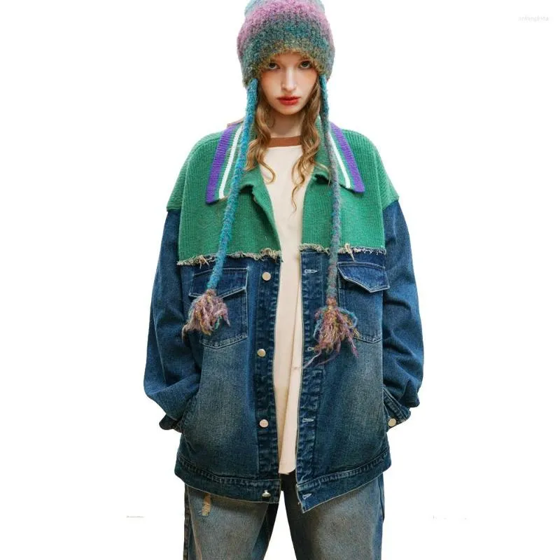 Herrjackor stickade splice denim jacka kvinnor män streetwear mode löst avslappnad vintage unisex net kändis modellering jeans päls