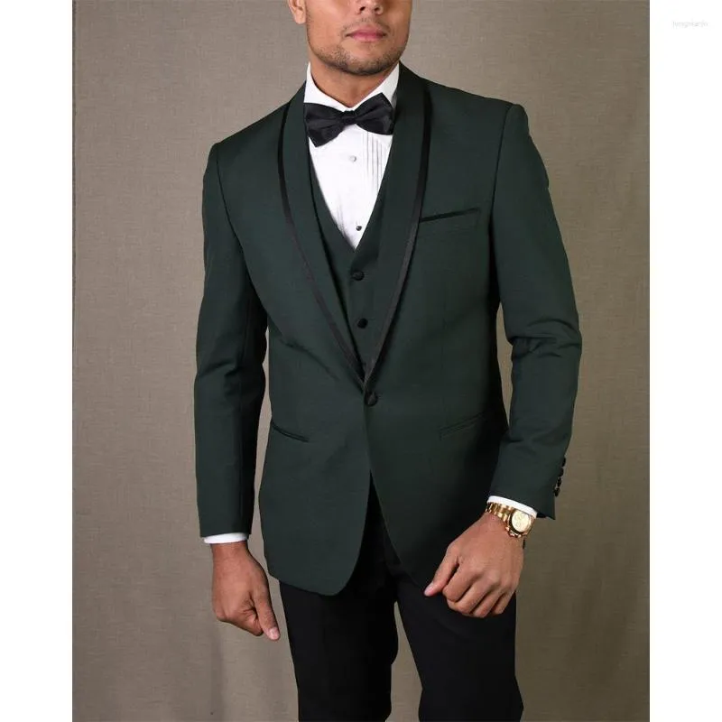 Men's Suits Luxury Dark Green Jacket Pants Vest Three Piece Single Breasted Sahwl Lapel Terno Outfits Formal Traje De Hombre Elegante 2023