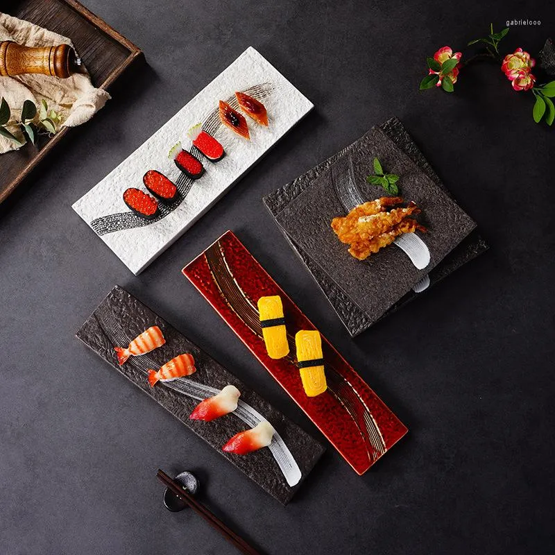 Borden stenen patroon sushi snackgerecht restaurant el keramiek servies retro rechthoekige vlakke plaat sashimi zalmvak eetgereedschap