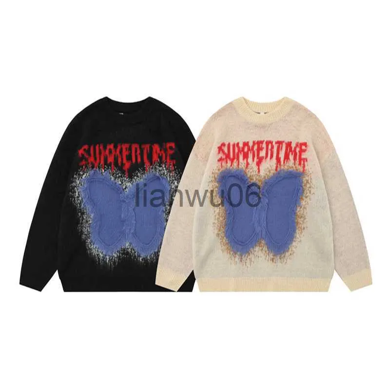 Sweaters masculinos 2023 HOP Hip Hop Streetwear Bordado Bordado de mariposa Tassels 11 Knitt Sweater Harajuku grueso de albaricoque negro Palabón de tripulación J230806