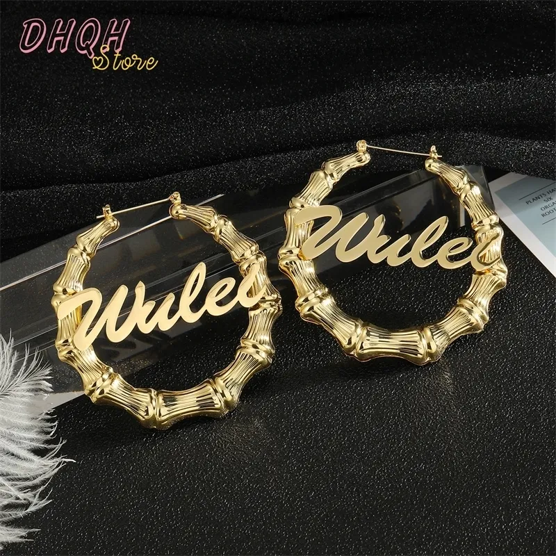 Hoop Huggie Wholesale 30mm100mm Custom Bamboo Earrings Customize Name Style Personality Earring Customized Gifts 230815