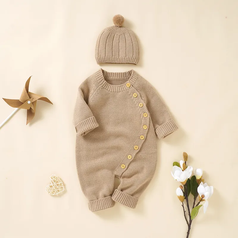 Rompers Baby Girls Clothes Autumn Solid Long Sleeve Sticked Born Infant Boys Onesie Hats Outfits Toddler Children Jumpsuits 230815