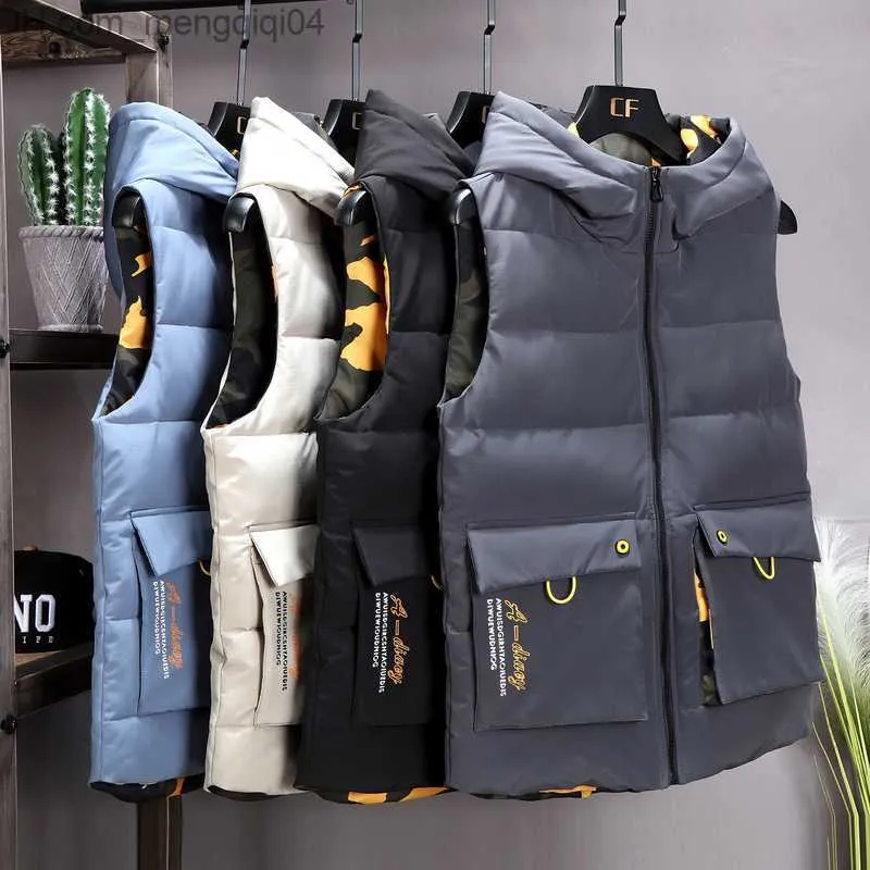 メンズジャケットメンズウォームタンクトップ両面袖のジャケット2023冬の迷彩カバーポケット断熱タンクトッププラス秋のメンズタンクトップZ230816