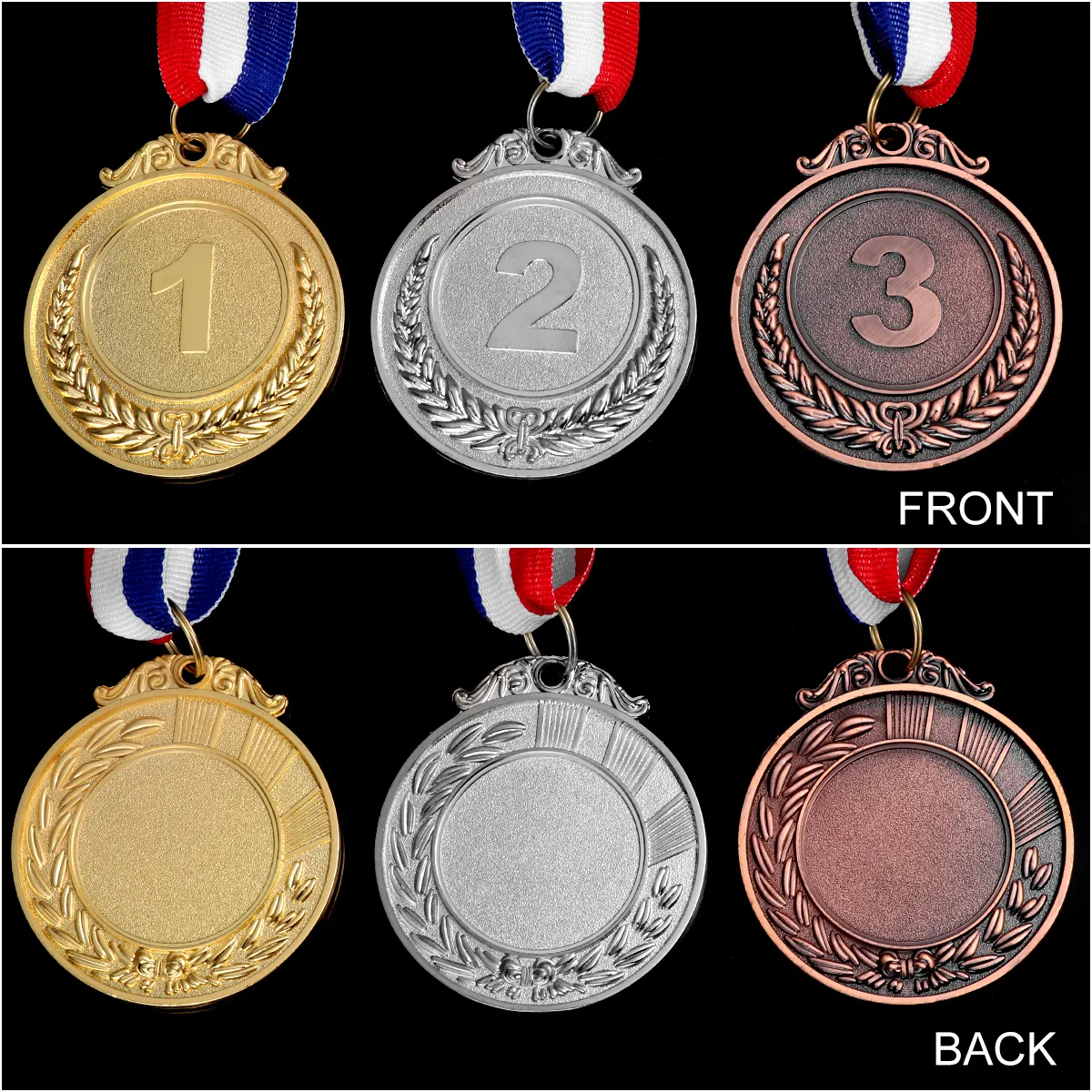 Metal Stamping Award Medals Set With Neck Ribbon Gold, Silver, And 