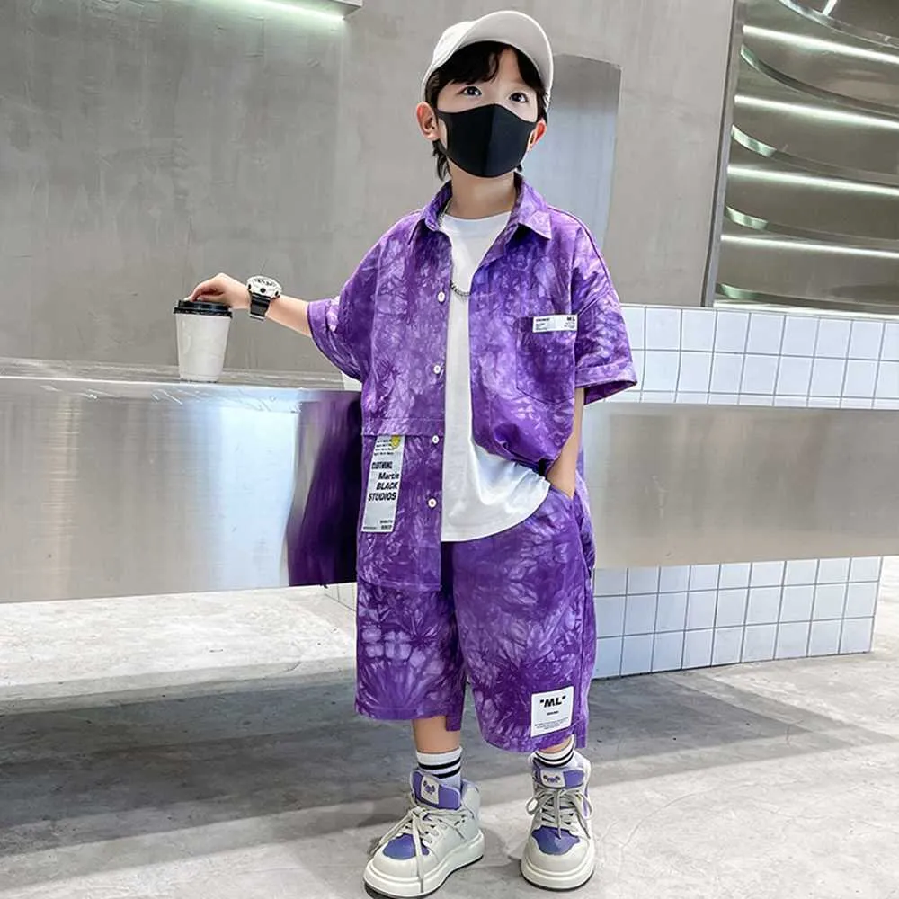 Set di abbigliamento Set di abbigliamento per ragazzi adolescenti per l'estate Camicie con stampa viola Pantaloncini 2 pezzi Abiti casual per bambini in cotone per bambini Anno