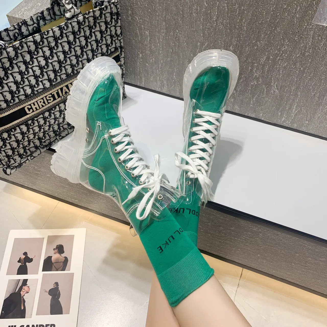 Rain Boots Fashion Women Rain Boots Pu Transparent Platform Boots Waterproof Ankle Boots Ladies Lace-up Waterproof Ladies Shoes Outdoor 230815