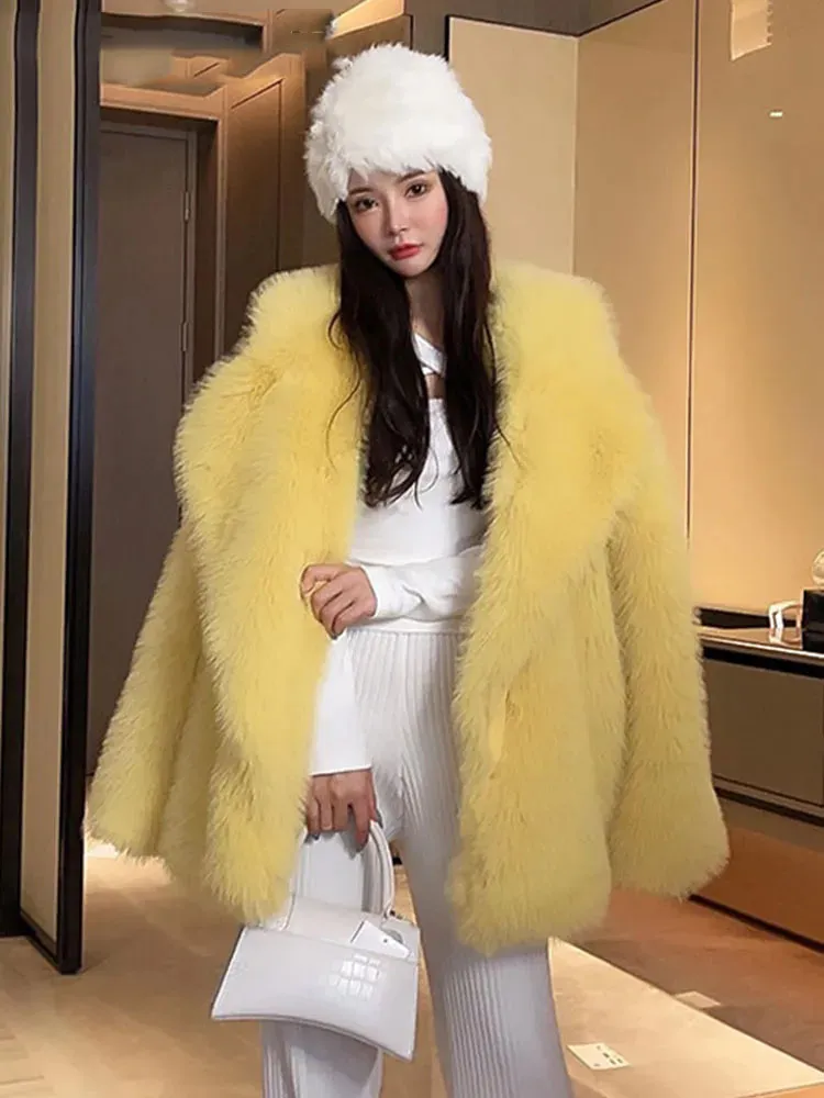 Ladies Faux Fur Jacket: Winter White Mid Length Faux Fox Fur Coat