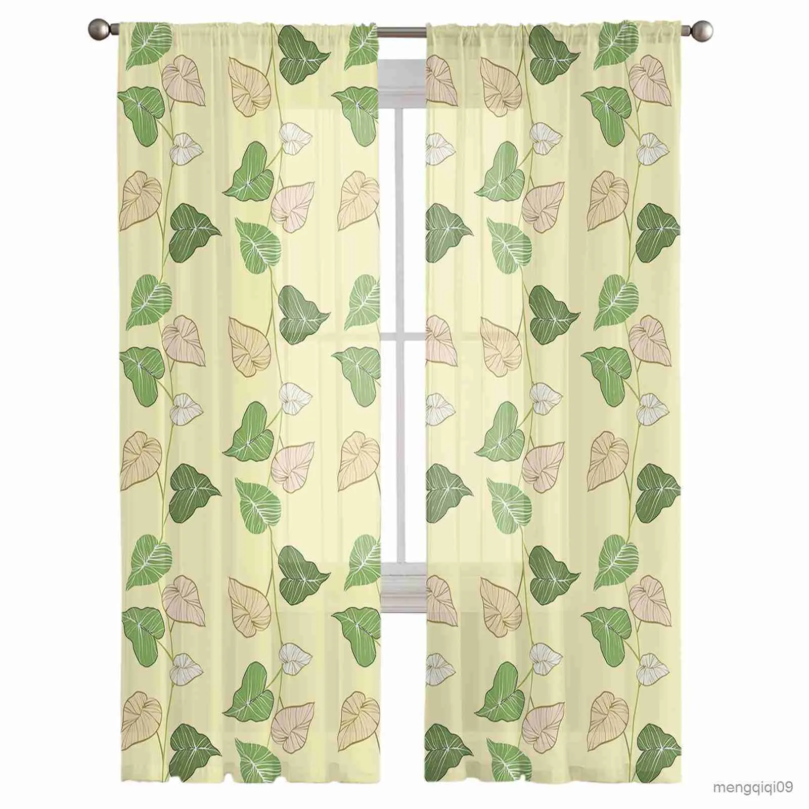 カーテンハンド描画植物緑のチュール薄いカーテン用寝室のキッチンの装飾カーテンホテルドレープ