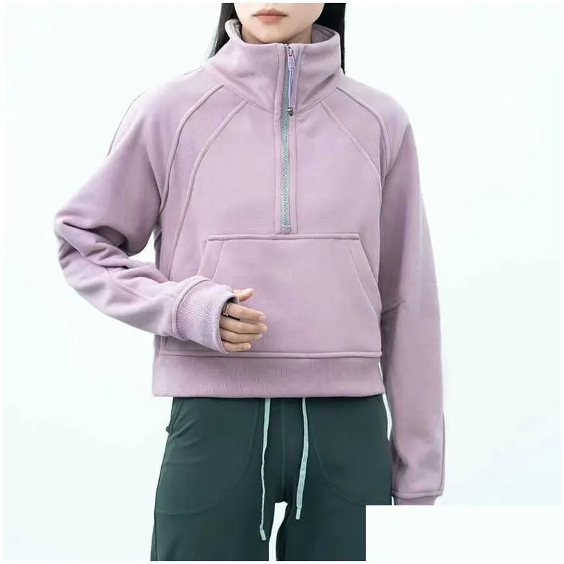 Yoga Outfits LU-99 Women Fitness Hoodies Runing Jacket Ladies Sport Half Zipper Sweatshirt thick Loose Short Style Coat With Fleece Thumb Hole