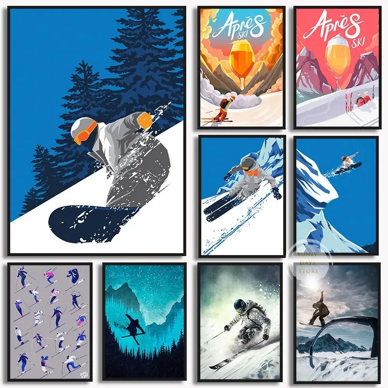 Winter Sports Skiing Posters and Prints Vintage Travel Ski Canvas Painting Snowboard Wall Art For Living Room Bedroom Home Decor No Frame Wo6