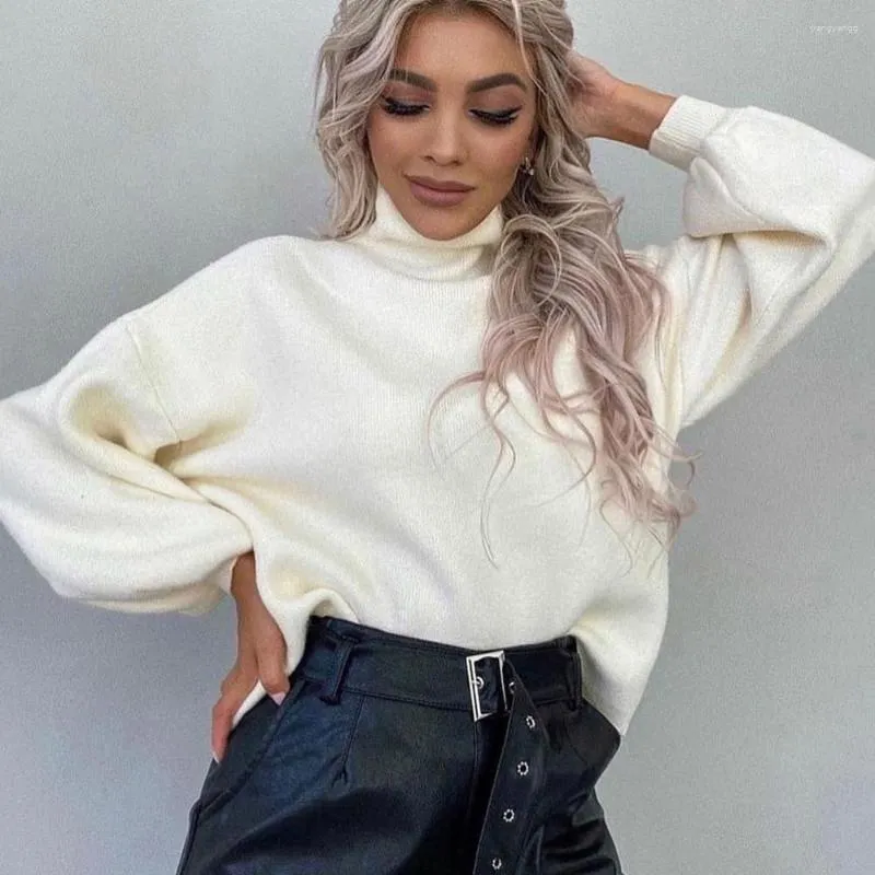 Frauenpullover Rollkragenpullover Sweater Langarm Top Herbst Winter Kleidung Chic White Pullover Streetwear Solid Lose gestrickt