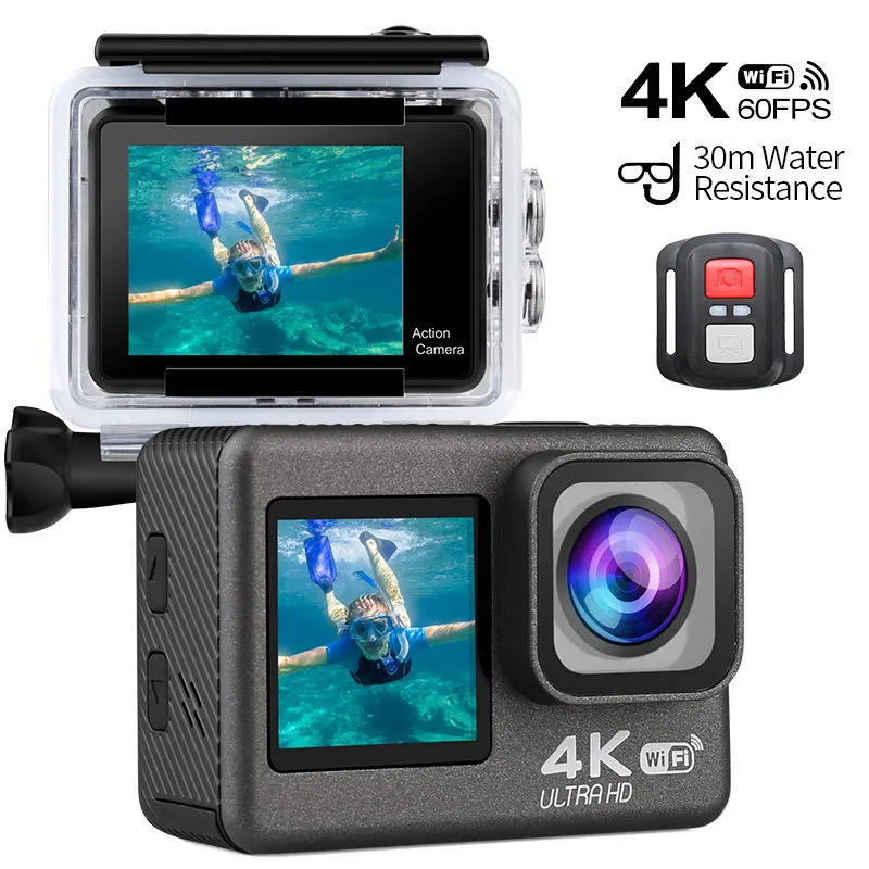 耐候性カメラ4k60fps wifiアクションカメラデュアルスクリーン170°広角30mリモートコントロール付きの防水スポーツマウンティングアクセサリーキット230816