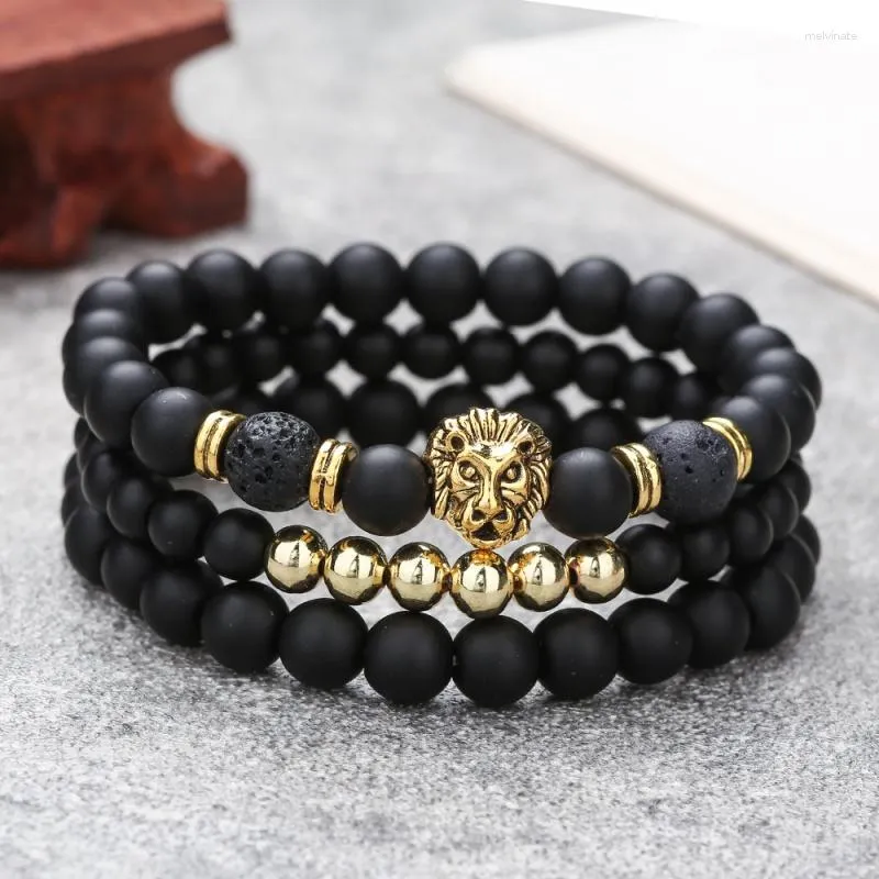 STRAND 6/8MM Zwart Frosted Volcanic Rock kralen Bracelet Set Combinatie Lion's hoofdelastisch