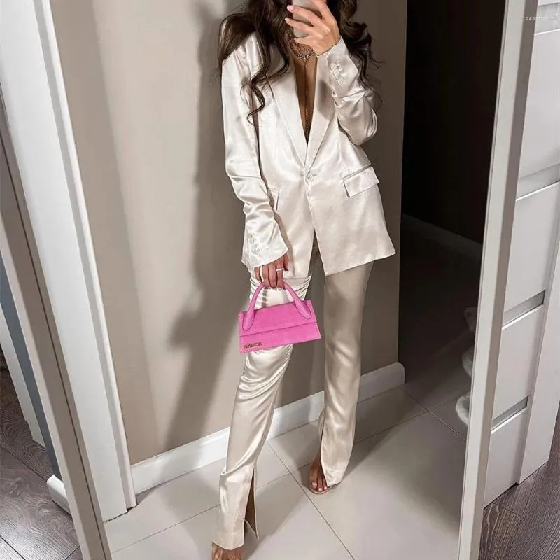 Women's Two Piece Pants Ivory Women 2023 Fashion Trousers Suits Pleated Design Satin Texture Single Button Blazer Coat Long Sleeve Female 2