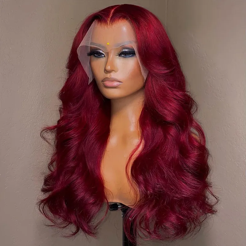 Burgundy 99J 13x6 Body Wave Lace Pront Human Hair Wig HD الشفافة الدانتيل الجبهة البرازيلية البرازيلية الحمراء Remy Remy للنساء