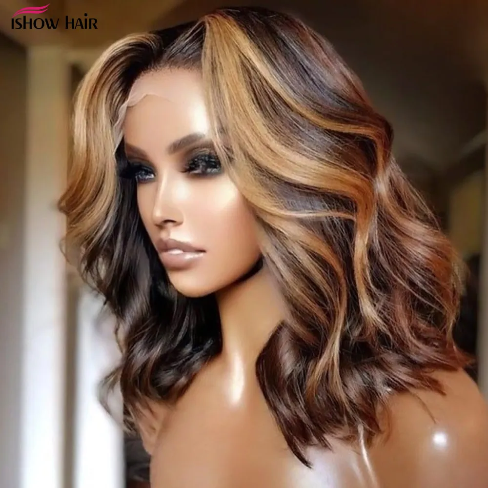220%density Short Bob Wig Brazilian Human Hair Wigs for Women Highlight Wig Human Hair Wigs Pre Plucked Body Wave Middle Part Lace Wig