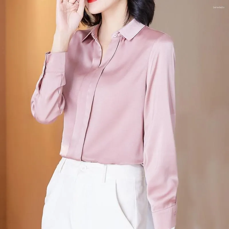 Dames blouses Korean Fashion Women 2023 Autumn Soft Satin Silk Shirt Vintage Long Sleeve Office Ol Tops Vrouwelijke Casual Clothing