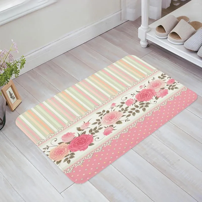 Carpets Rose Flower Pink Stripe Floor Mat Entrance Door Living Room Kitchen Rug Non-Slip Carpet Bathroom Doormat Home Decor