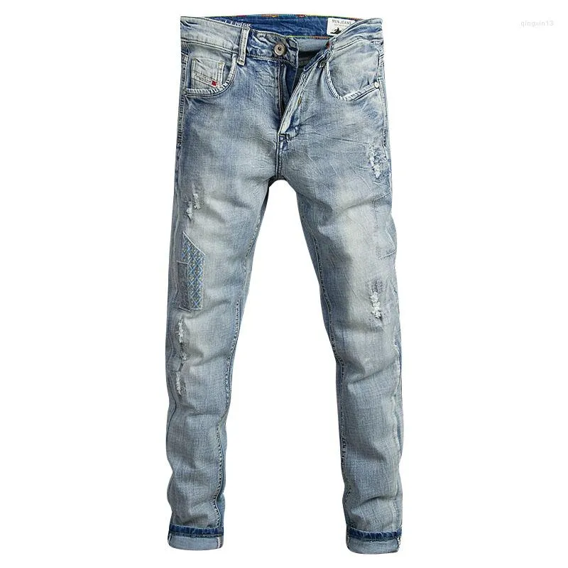 Mens Jeans Korean Fashion Men Retro Light Blue Elastic Slim Fit Ripped  Trousers Patch Designer Vintage Denim Pants Hombre From 37,37 €
