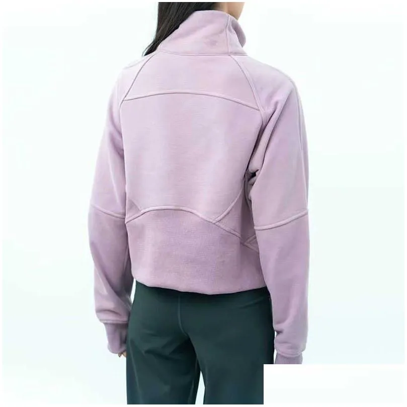 Yoga Outfits LU-99 Women Fitness Hoodies Runing Jacket Ladies Sport Half Zipper Sweatshirt thick Loose Short Style Coat With Fleece Thumb Hole