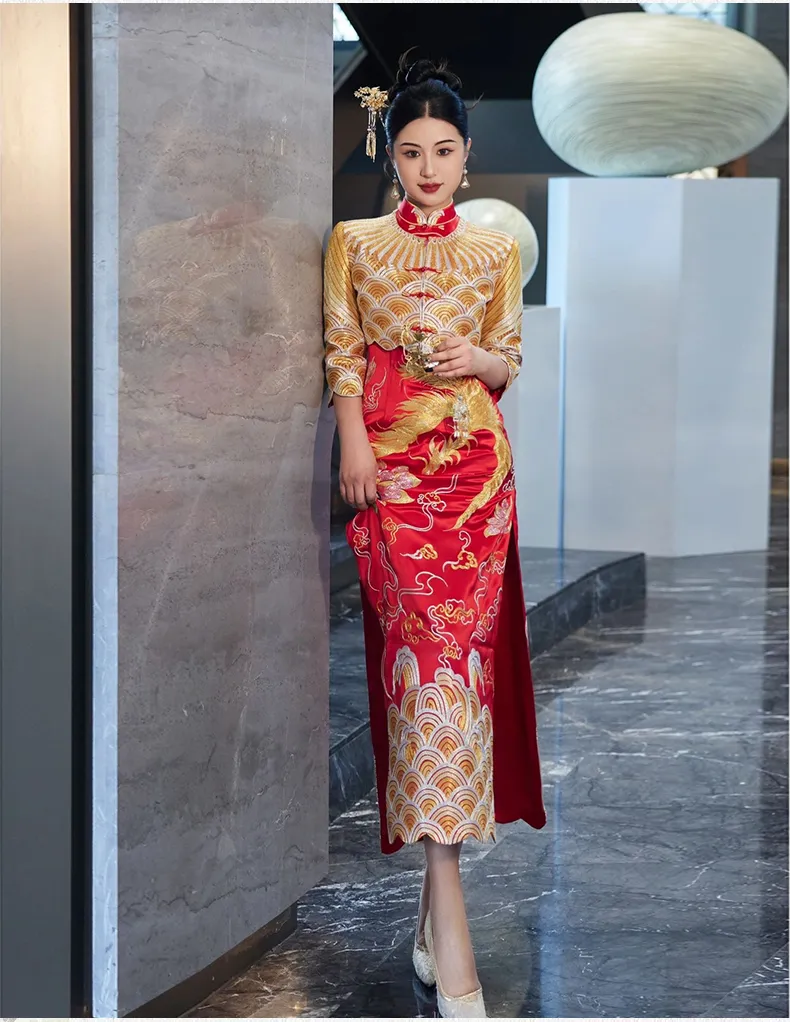 open lace back dress 𝟰𝟬% 𝗢𝗙𝗙] Golden Dragon Embroidery Cheongsam BRIGHT RED/ LIGHT GOLD (X  – Sweet & Classy Co main image 0