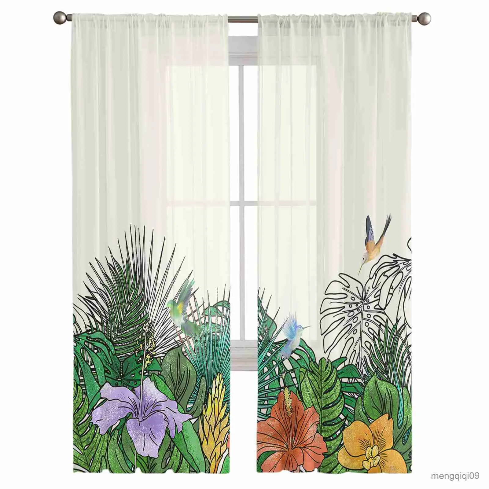 Vorhang mit tropischen Blumen, durchsichtiger Tüll-Vorhang für Wohnzimmer, Erwachsene, Kinder, Schlafzimmer, Vorhänge, Küchendekoration, Vorhänge