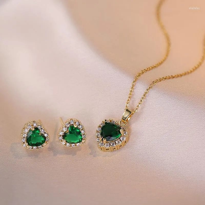 Orecchini di collana set madri Compleanno per il compleanno Verde Stone Stullo e Collane di clavicola a sospensione per donne Oro Colore Zircone Bridal