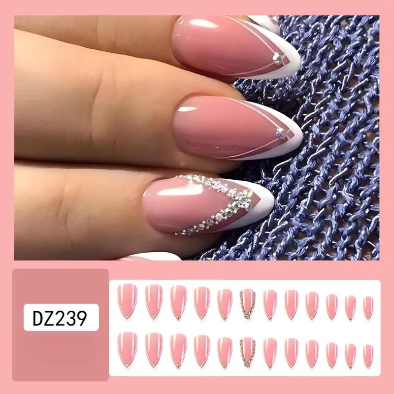 Ложные ногти розовый миндальный фальшивый с белым краем декор сладкий очаровательный многоразовый для ногти