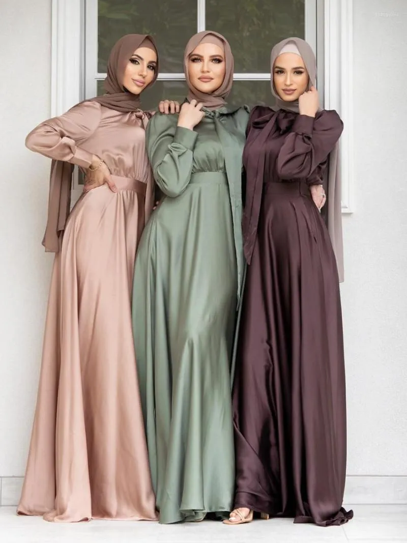 Abbigliamento etnico modesto Dubai abaya hijab islam ramadan robe femme kaftan maxi abiti maxi abiti musulmani donne satinata ballo lungo lungo