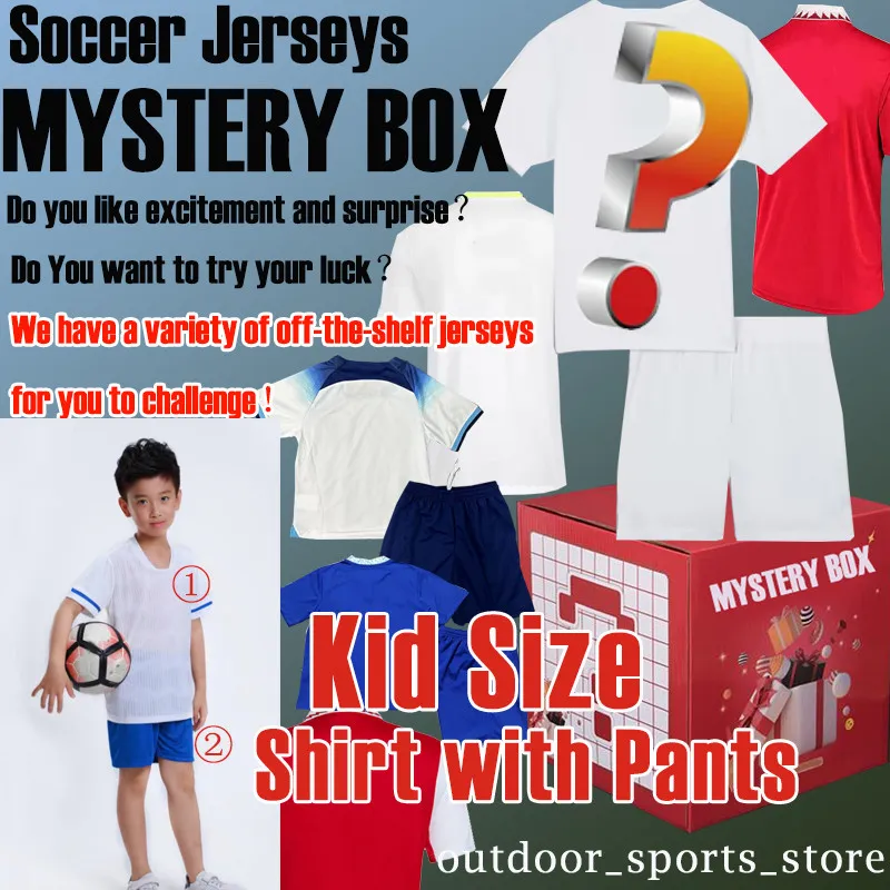 21 22 23 Clearance Mystery Box Soccer Jerseys Kids Storlek Alla lag något namn och nummer säsong thailändsk kvalitet en clearance försäljning fotboll tröjor topp med byxor
