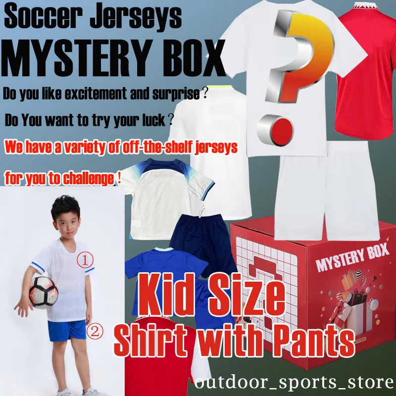 21 22 23 Liquidación MYSTERY BOX Camisetas de fútbol Tamaño para niños Cualquier equipo Cualquier nombre y número Temporada Calidad tailandesa Venta de liquidación Camisetas de fútbol Top con pantalones La mejor calidad