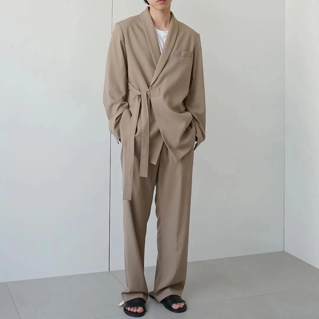 Mens Tracksuits Korean Style Belt Blazers Men Overcoat Top Loose Casual Male Jackets Handsome Ruffian Luxury Coat Clothing 230815