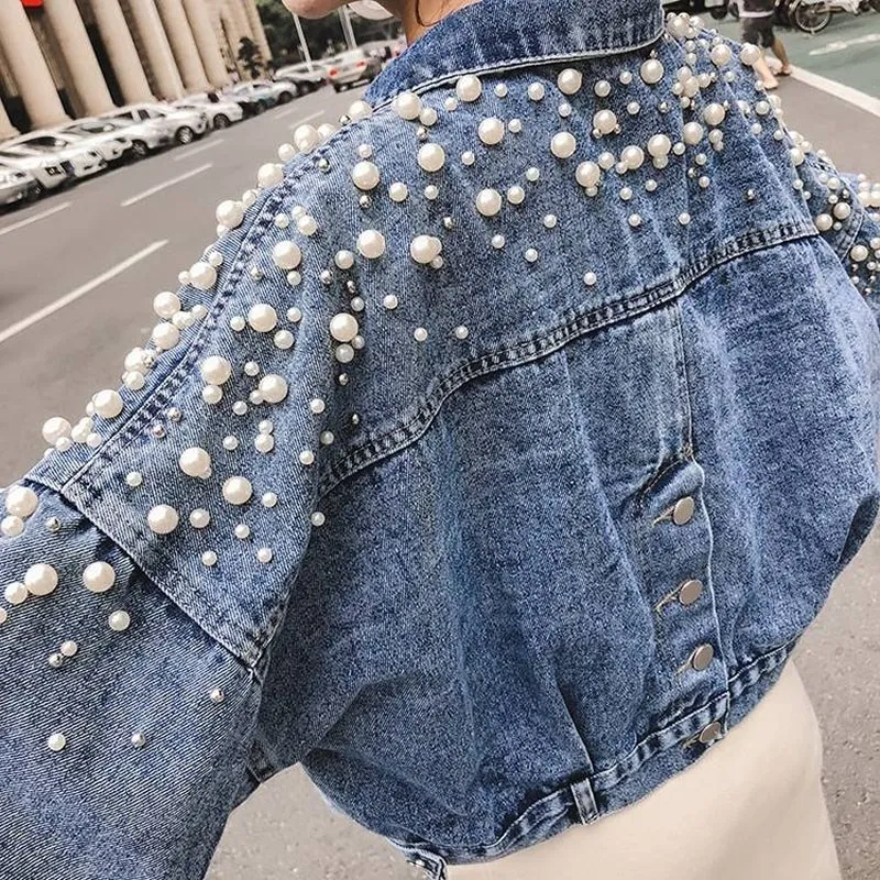 Womens Jackets Spring Coats And Women Korea Sweet Pearl Decor Denim Jacket Short Pearls Long Sleeve Casual Pockets Loose Clothes 230815