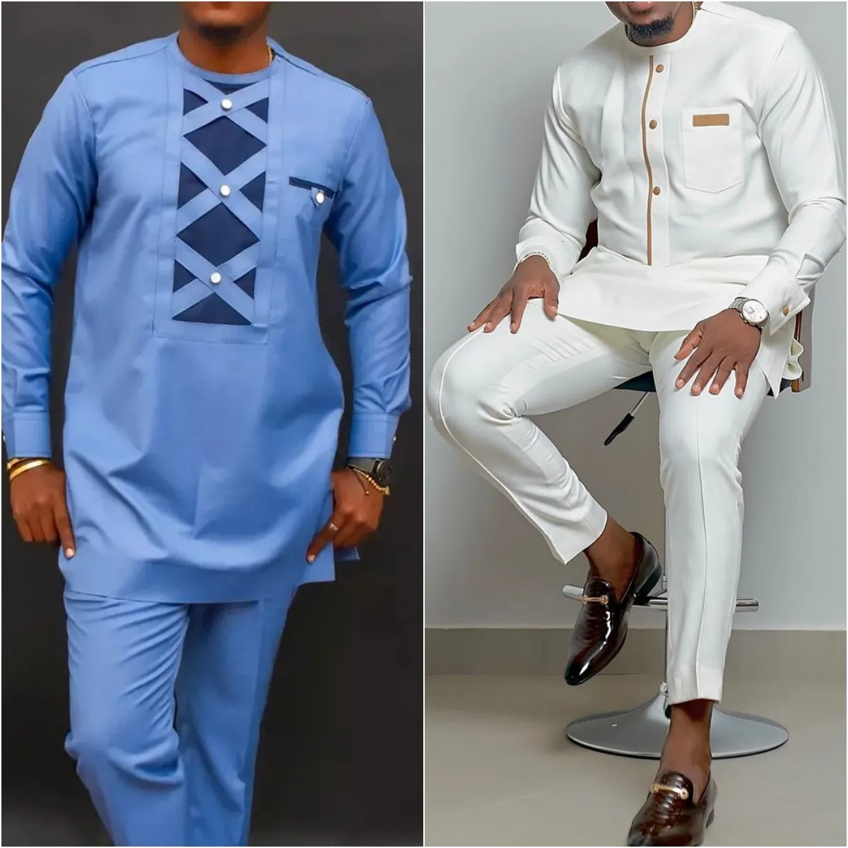 Men's Tracksuits Kaftan Summer Men's Suit Round Neck Long-sleeved Top Pants African Male Traditional Outfit National Style 2PCS Clothing Sets 230815