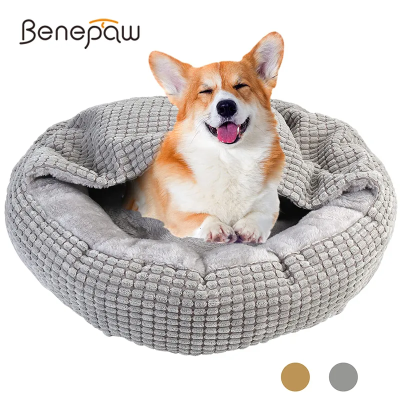 Canetas Kennels Benepaw Cama aconchegante de cachorro com capuz e fofo ortopédico Round Donut Pet Cuddler Ansiedade calmante calmável Nonfluto macio CAVE CAVE 230815