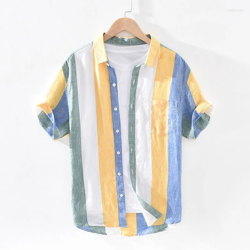 Casual shirts voor heren 2023 Men Summer Fashion Japan Style Bright Color Striped Short Sleeve Single Breasted Pure Linen Hoge Kwaliteit mannelijk