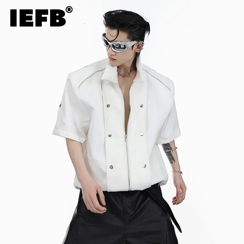 Men's Jackets IEFB High Street Men Shoulder Pad Niche Metal Rivets Short Sleeve PU Leather Spliecd Top Coat Summer Clothing 9C763 230815