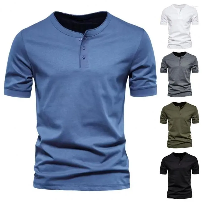 Men's T Shirts Men Summer T-shirt Short Sleeves Casual Round Neck Mid Length Top Solid Color Soft Half Open Collar Clothes