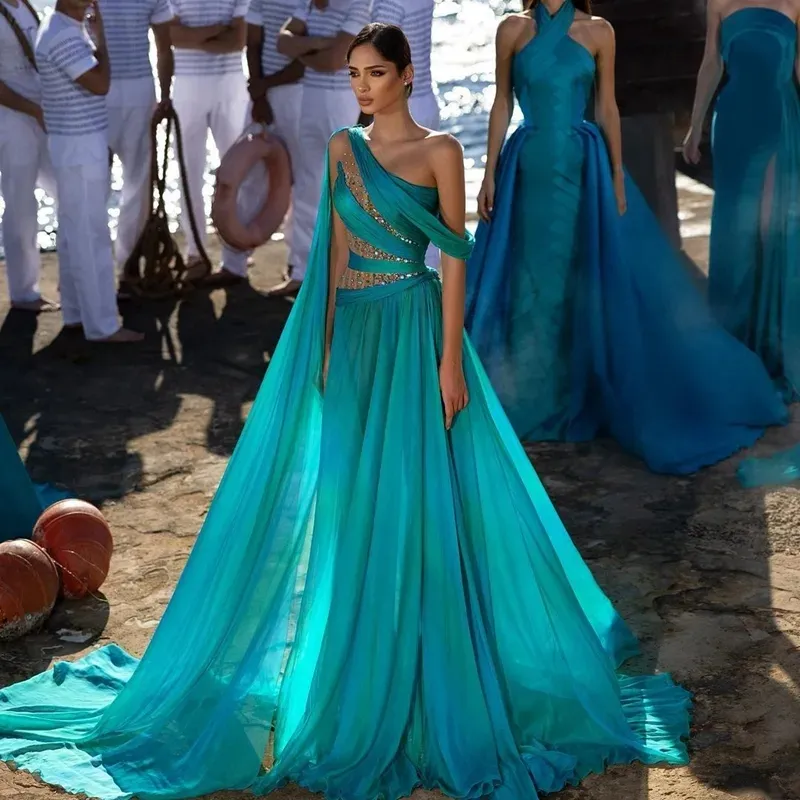 Sexig en axel Silk Chiffon Beach Prom Evening Dresses Sparkly Beads Dubai Arabic Long Cape Party Dress Formal Gown 328 328