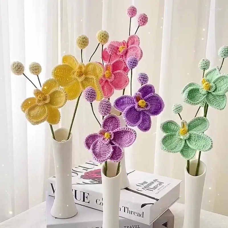 Decorative Flowers Hand-woven Crochet Bouquet Handmade Butterfly Orchid Knitted Creative Handicraft Gifts Wedding Party Decor